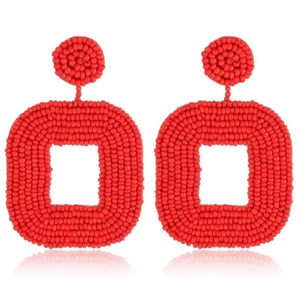 Square Red Beaded Faux Leather Boho Dangling Drop Statement Post Back Earrings